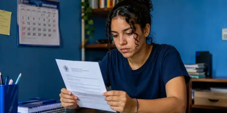 Jovem em ambiente doméstico analisando documento sobre resultados da PND 2026, representando a divulgação do resultado dos recursos sobre a isenção da taxa de inscrição.