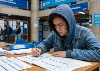 Jovem concentrado preenche formulários sobre uma mesa em um saguão de instituição de ensino