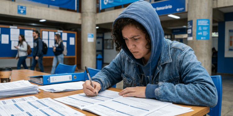 Jovem concentrado preenche formulários sobre uma mesa em um saguão de instituição de ensino