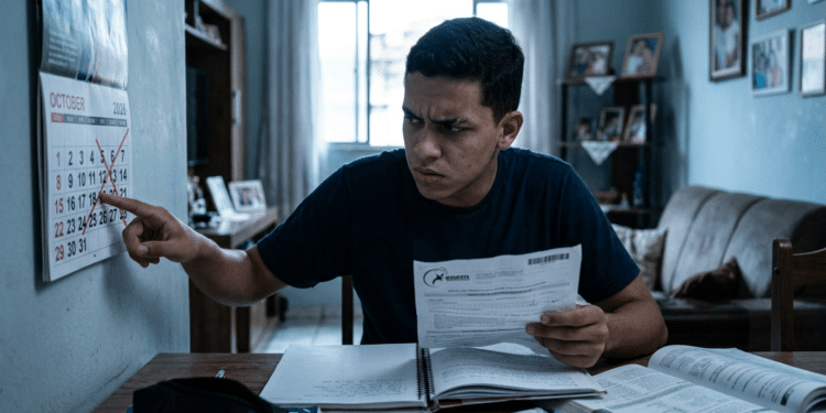 Estudante com formulário do Enem aponta para o calendário, atento ao prazo final de inscrição nesta sexta-feira