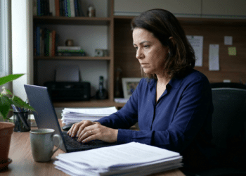 Mulher trabalha em notebook em escritório com pilhas de documentos sobre a mesa