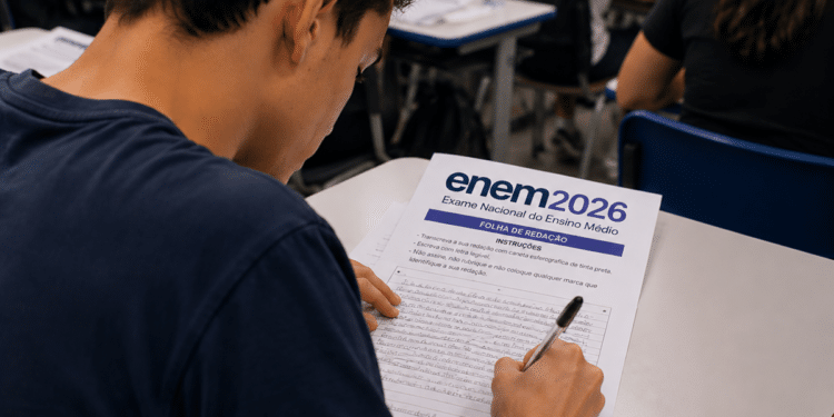 Jovem escreve à caneta no caderno de redação do ENEM 2026, em sala de aula lotada.