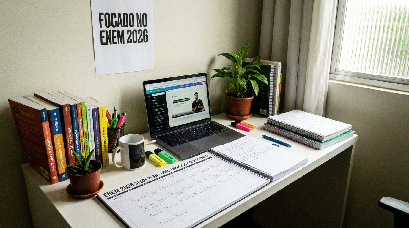 Mesa de estudos com notebook, livros, cronograma ENEM 2026, planta, cadernos e cartaz "Focado no ENEM 2026".