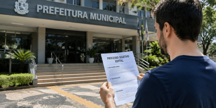 Homem lendo edital de processo seletivo em frente à Prefeitura Municipal em Santa Catarina.