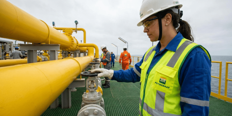 Funcionária Petrobras com colete verde e capacete branco ajusta válvula em tubulação amarela em plataforma marítima.