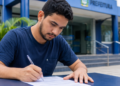 Rapaz de camiseta azul escura escreve em documento sentado à mesa diante da fachada da prefeitura.