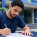 Rapaz de camiseta azul escura escreve em documento sentado à mesa diante da fachada da prefeitura.