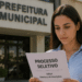 Mulher lendo edital de processo seletivo em frente à prefeitura municipal.