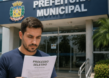 Candidato lê edital de processo seletivo em frente à prefeitura municipal.