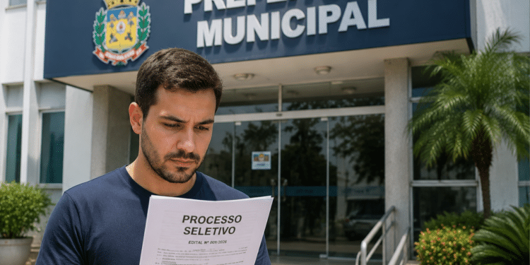 Candidato lê edital de processo seletivo em frente à prefeitura municipal.