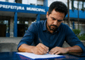 Homem de camisa azul escura assina documento com caneta preta, sentado em mesa externa diante de prédio da Prefeitura Municipal.