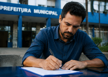 Homem de camisa azul escura assina documento com caneta preta, sentado em mesa externa diante de prédio da Prefeitura Municipal.