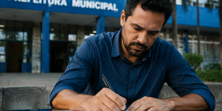Homem de camisa azul escura assina documento com caneta preta, sentado em mesa externa diante de prédio da Prefeitura Municipal.