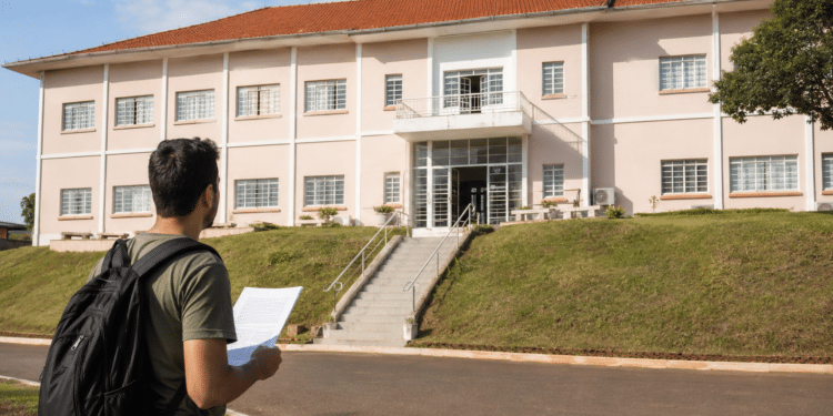Jovem de camiseta verde e mochila preta segura papéis enquanto observa prédio rosa com telhado laranja em campus.