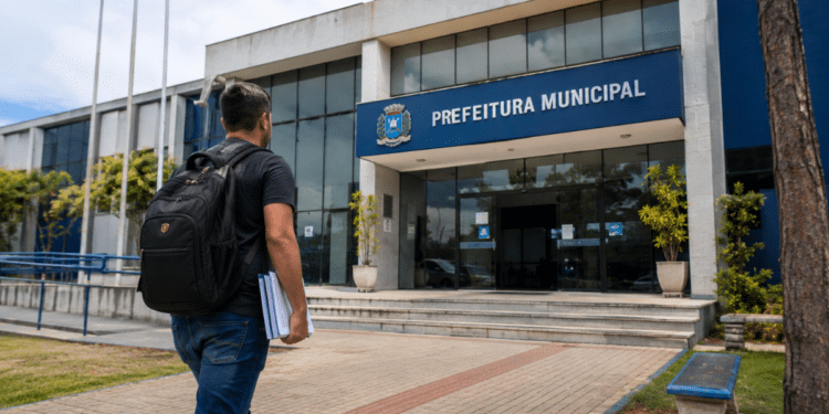 Homem com mochila caminhando em direção à Prefeitura Municipal, representando processo seletivo com inscrições abertas.