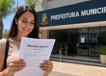 Mulher lendo edital de processo seletivo em frente à Prefeitura Municipal em dia ensolarado.