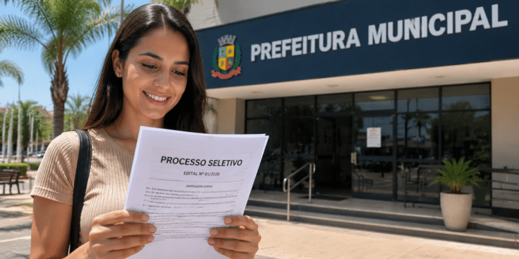 Mulher lendo edital de processo seletivo em frente à Prefeitura Municipal em dia ensolarado.