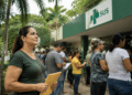 Pessoas aguardam atendimento em frente a unidade da Secretaria de Saúde com símbolo do SUS.