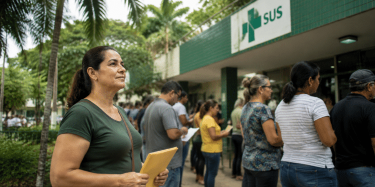 Pessoas aguardam atendimento em frente a unidade da Secretaria de Saúde com símbolo do SUS.