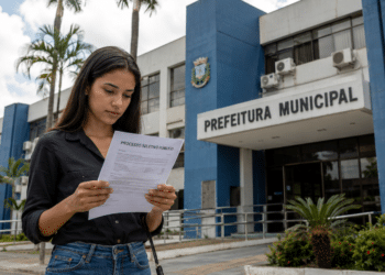Mulher lendo edital de processo seletivo em frente ao prédio da Prefeitura Municipal.
