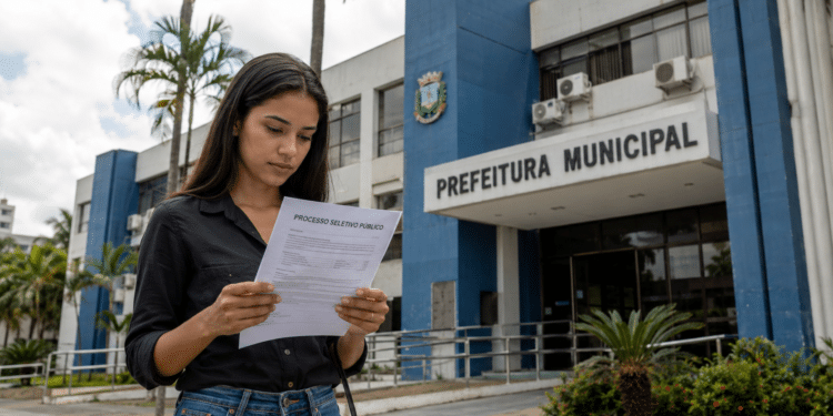 Mulher lendo edital de processo seletivo em frente ao prédio da Prefeitura Municipal.
