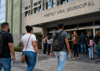 Pessoas em frente à prefeitura municipal aguardando atendimento em processo seletivo com vagas abertas.