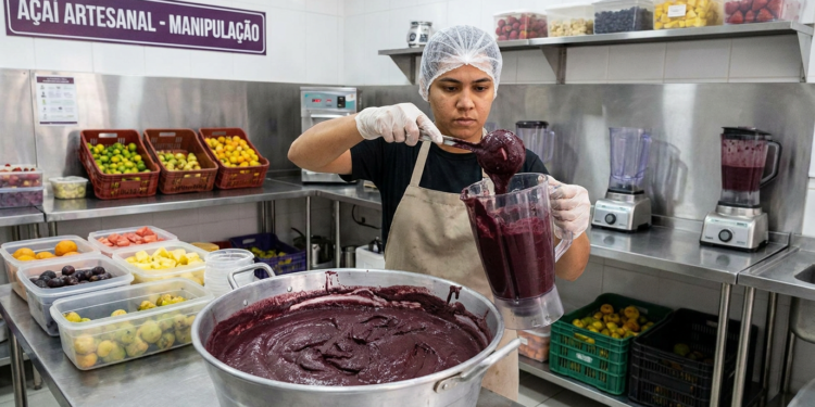 Pessoa manipulando mistura de açaí em cozinha industrial, cercada por frutas e utensílios.