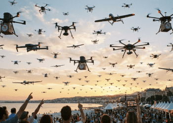Dezenas de drones sobrevoam uma orla movimentada ao pôr do sol, ilustrando o crescimento do mercado e da profissão de piloto de drone