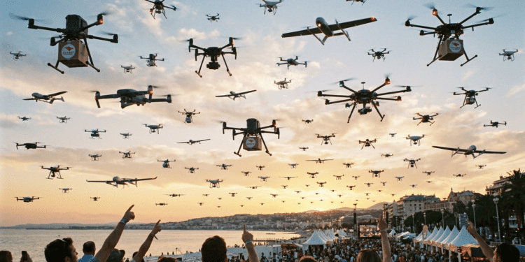 Dezenas de drones sobrevoam uma orla movimentada ao pôr do sol, ilustrando o crescimento do mercado e da profissão de piloto de drone