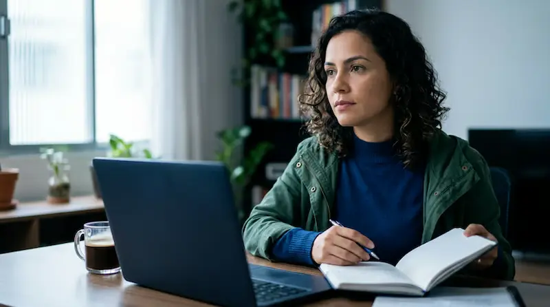 Mulher estudando e planejando sua carreira enquanto trabalha no laptop.