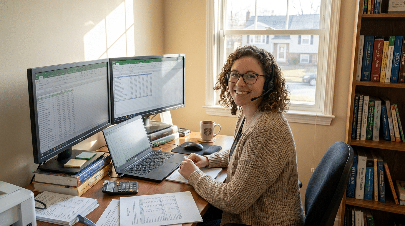 Mulher com headset analisando planilhas em dois monitores, sorrindo em escritório doméstico iluminado.