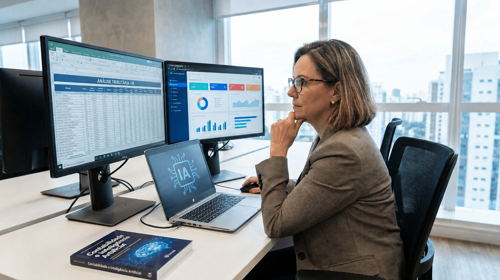 Mulher loira de óculos analisa planilhas and gráficos de inteligência artificial em três telas em escritório moderno.