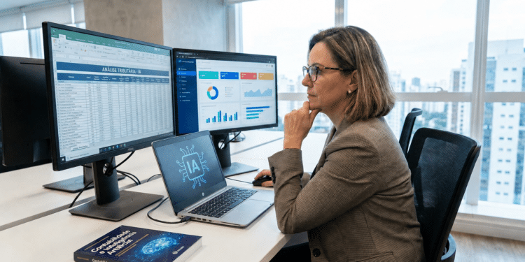 Mulher loira de óculos analisa planilhas and gráficos de inteligência artificial em três telas em escritório moderno.