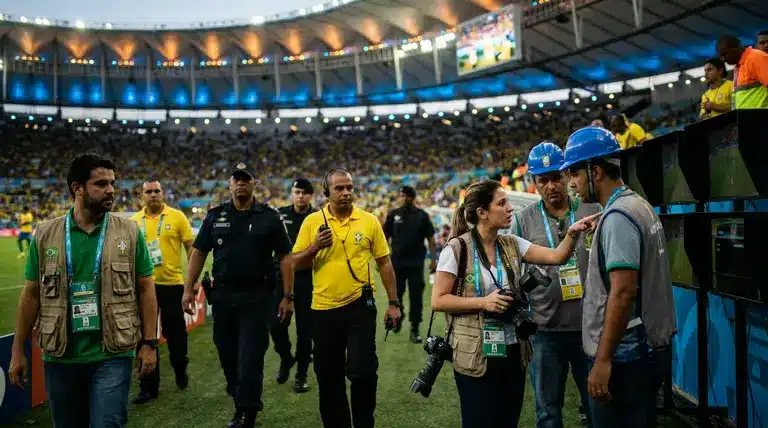 Equipe de profissionais nos bastidores da Copa do Mundo coordenando segurança, mídia e infraestrutura durante a partida.