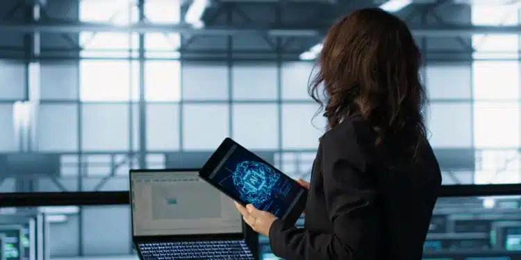Profissional analisando tecnologia de inteligência artificial em ambiente corporativo moderno, simbolizando novas carreiras com altos salários.