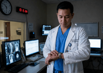 Homem asiático de jaleco branco observa relógio de pulso em sala com vários monitores de imagens médicas.