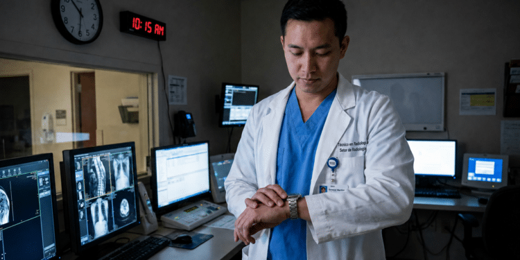 Homem asiático de jaleco branco observa relógio de pulso em sala com vários monitores de imagens médicas.