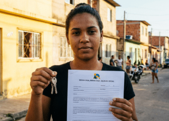 Mulher segura chaves e um contrato do Minha Casa, Minha Vida - Aluguel Social em frente a casas de uma rua