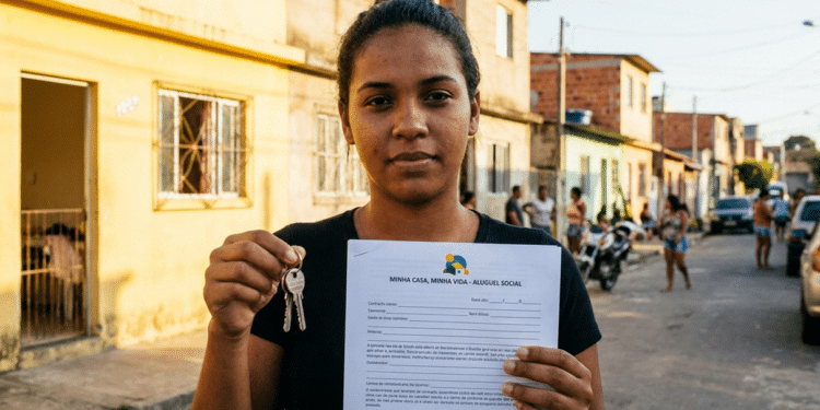 Mulher segura chaves e um contrato do Minha Casa, Minha Vida - Aluguel Social em frente a casas de uma rua