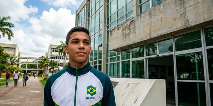 Jovem de agasalho esportivo do Brasil em frente a um prédio público