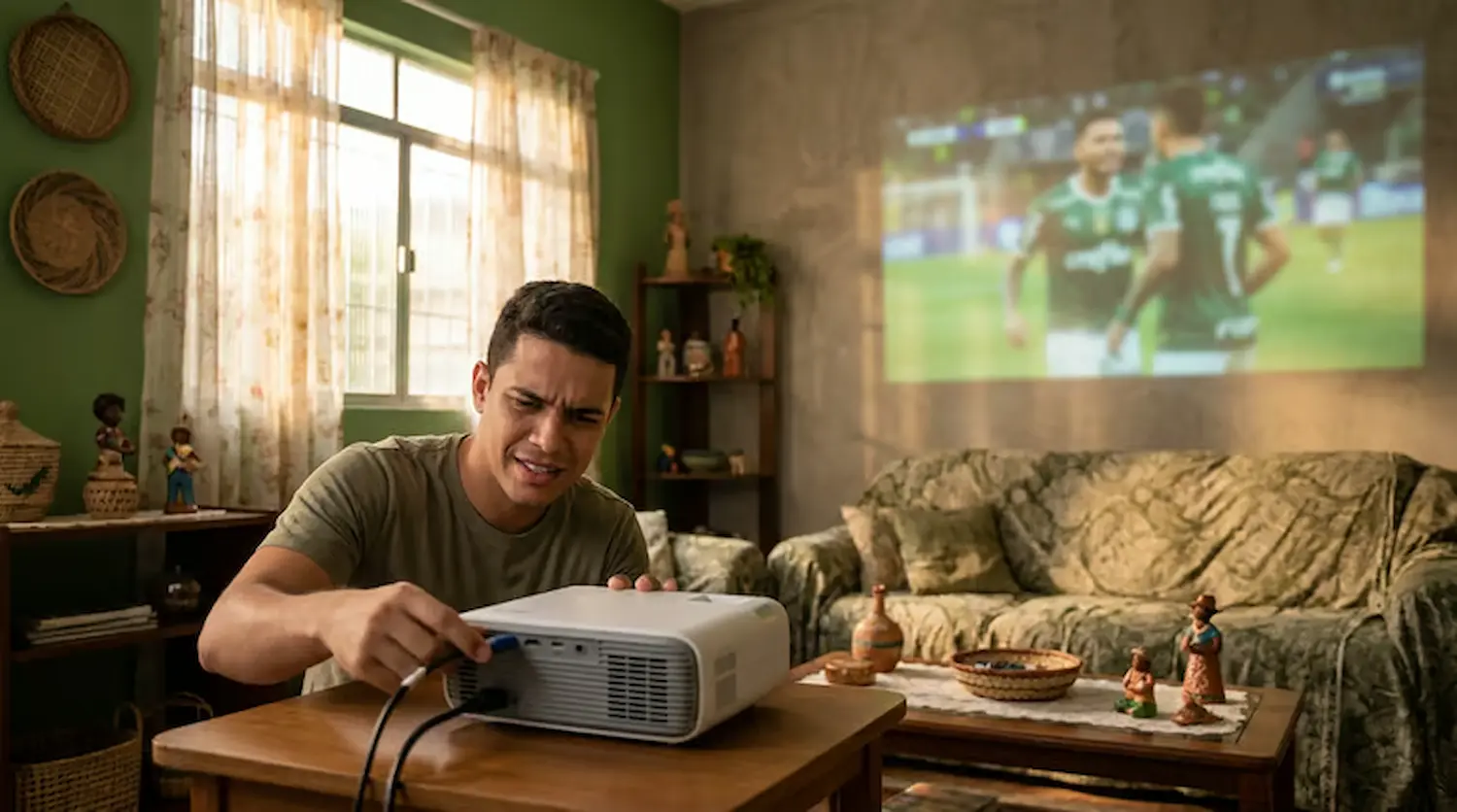 Homem ajusta projetor em sala de estar para assistir a jogo de futebol da Copa do Mundo em tela grande.