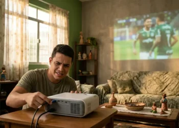 Homem ajusta projetor em sala de estar para assistir a jogo de futebol da Copa do Mundo em tela grande.