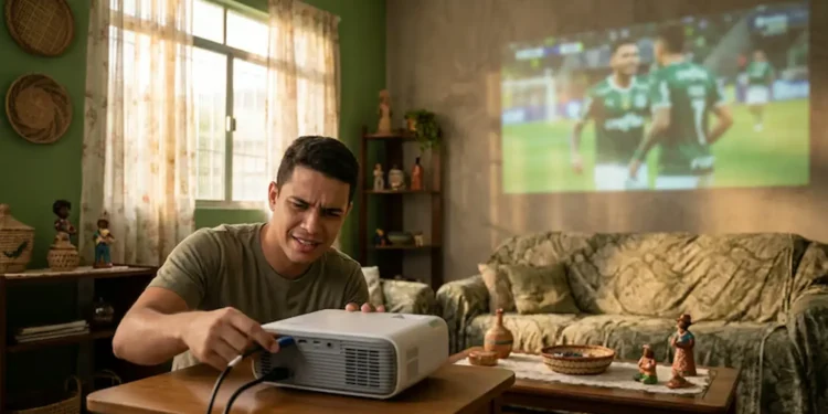 Homem ajusta projetor em sala de estar para assistir a jogo de futebol da Copa do Mundo em tela grande.
