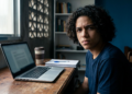 Jovem estudante sentado diante de um notebook sobre a mesa.
