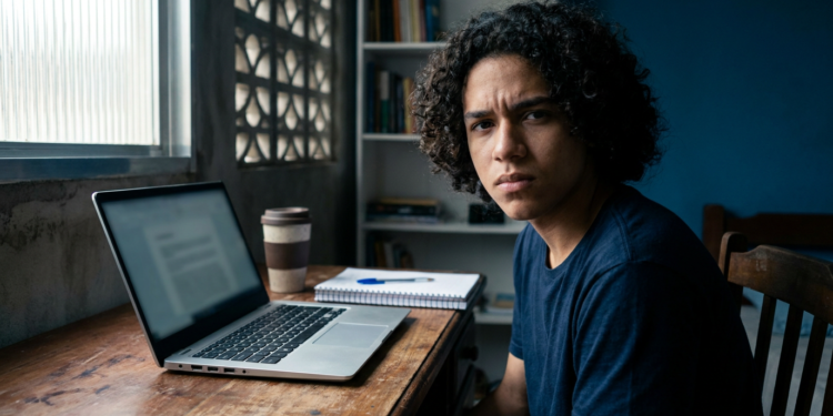 Jovem estudante sentado diante de um notebook sobre a mesa.