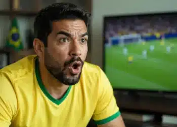 Torcedor brasileiro assiste à partida da Seleção Brasileira na TV, representando a expectativa pelo próximo jogo do Brasil na Copa do Mundo de 2026.