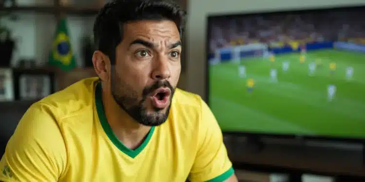 Torcedor brasileiro assiste à partida da Seleção Brasileira na TV, representando a expectativa pelo próximo jogo do Brasil na Copa do Mundo de 2026.