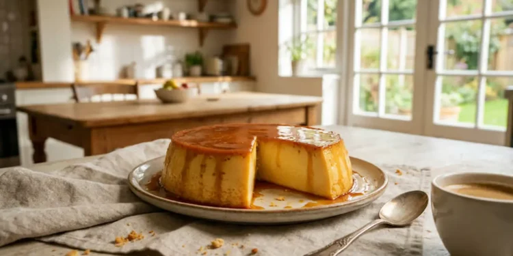 Pudim caramelizado com uma fatia retirada, servido em prato sobre mesa de cozinha.