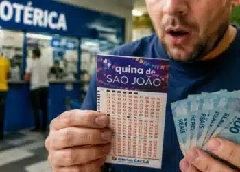 Apostador segurando bilhete da Quina de São João e cédulas de real em lotérica brasileira, representando o sorteio que será realizado em 28/06.