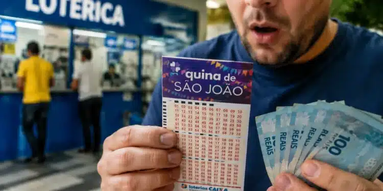 Apostador segurando bilhete da Quina de São João e cédulas de real em lotérica brasileira, representando o sorteio que será realizado em 28/06.